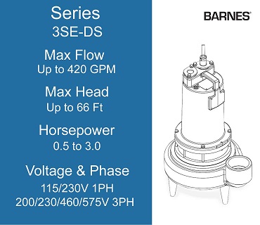 Barnes Sewage Pumps, 3SE-DS Series, 0.5 to 3.0 Horsepower, 115/230 Volts 1 Phase, 200/230/460/575 Volts 3 Phase